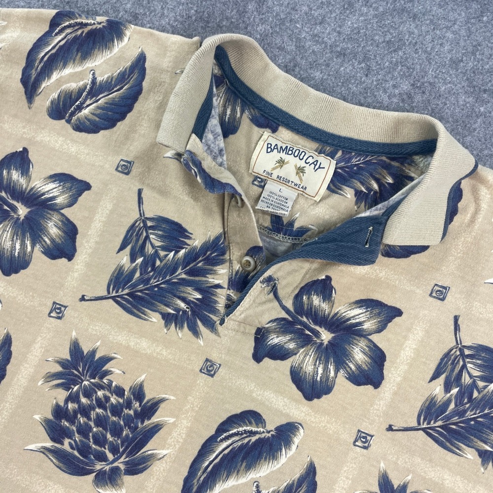 Bamboo Cay Fine Resortwear Mens Polo L Tan with Blue Floral Pattern Short Sleeve